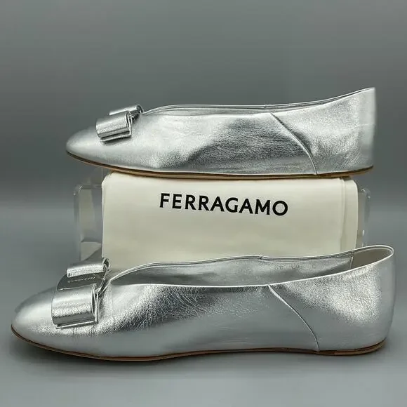 NEW Ferragamo Women’s Vanna Bow Detailed Leather Ballet Flats Silver Size 10 - Picture 2 of 10